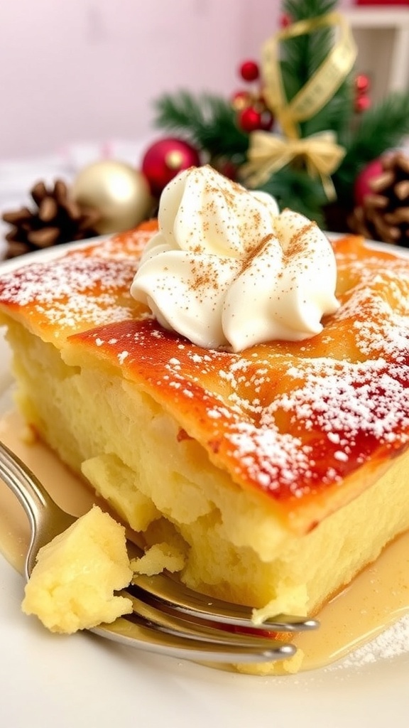 A delicious eggnog bread pudding topped with powdered sugar and whipped cream, presented in a festive holiday setting.